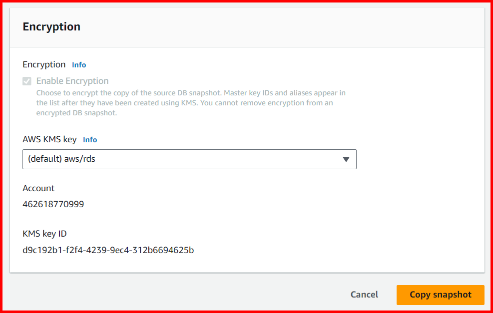 Picture showing a section to enable the encryption while creating the copy of snapshot